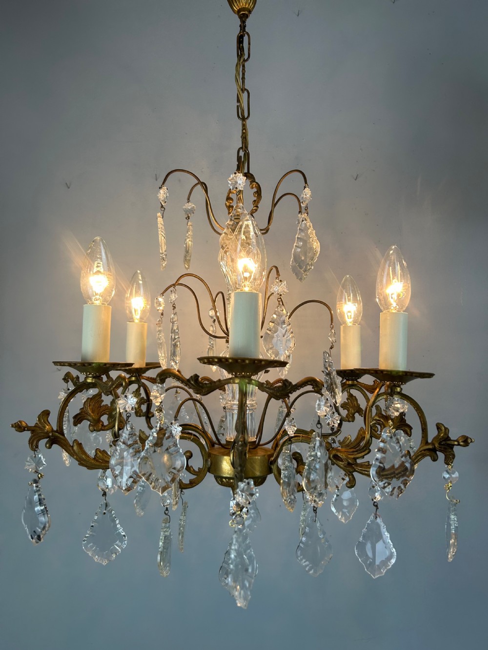 French Gilded Brass 6 Light Antique Crystal Chandelier View IV