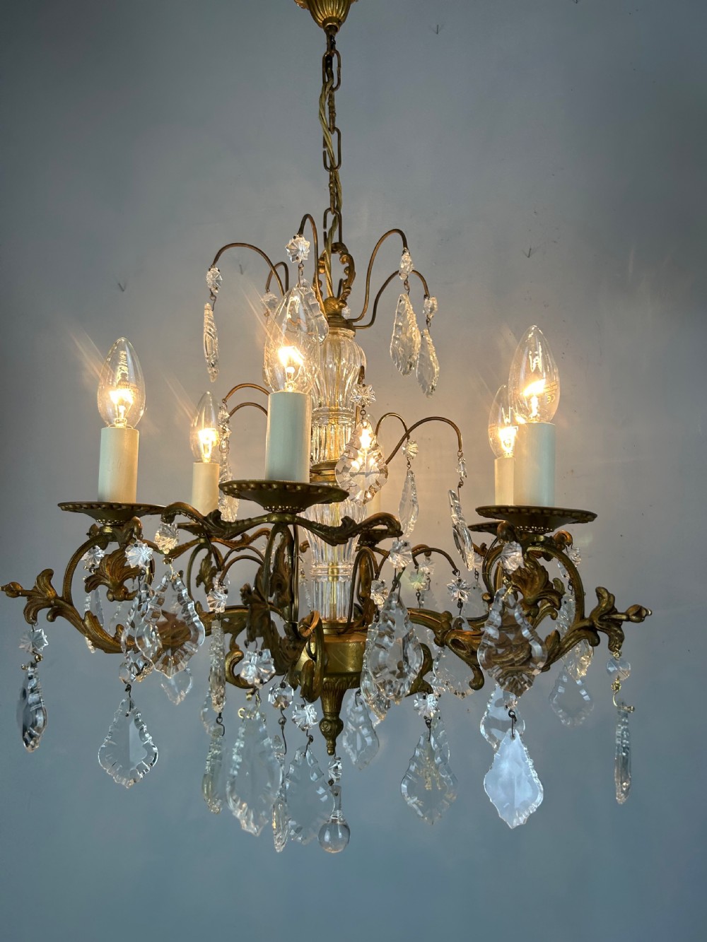 French Gilded Brass 6 Light Antique Crystal Chandelier View V