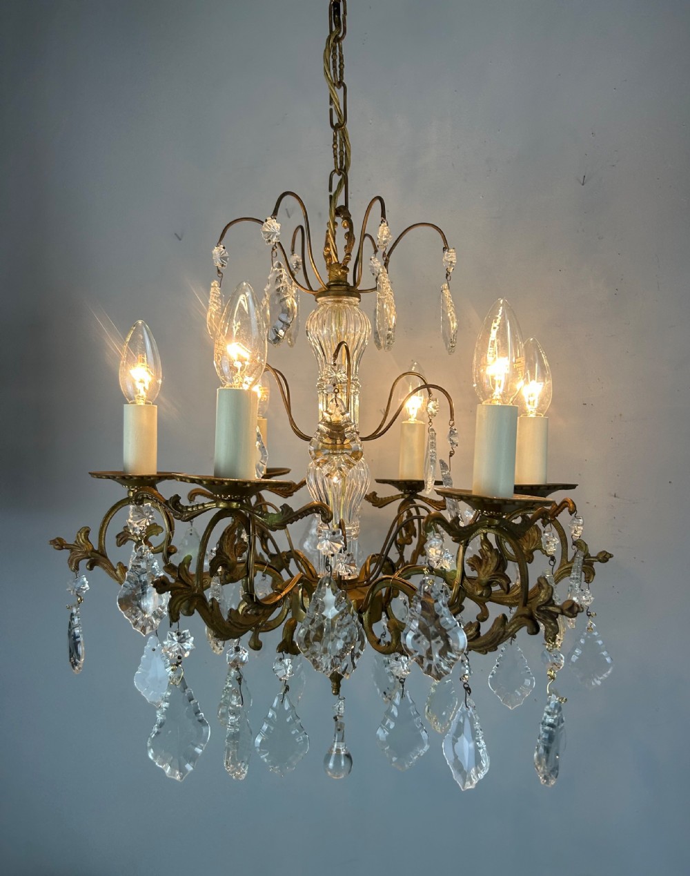 French Gilded Brass 6 Light Antique Crystal Chandelier View VI