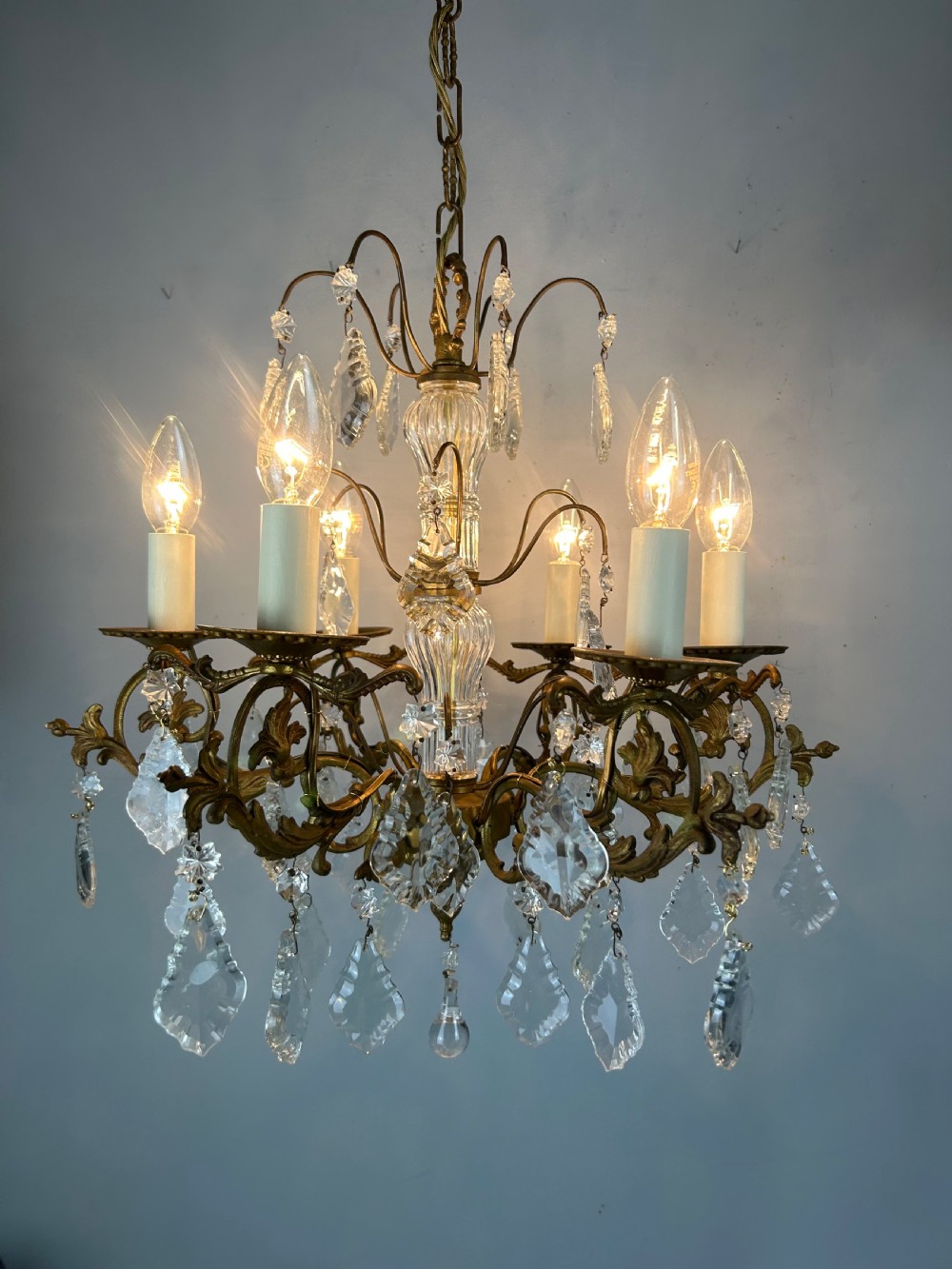 French Gilded Brass 6 Light Antique Crystal Chandelier View VII