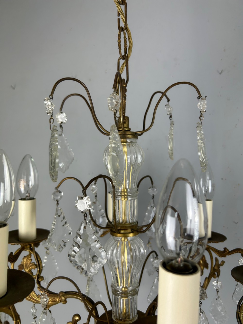 French Gilded Brass 6 Light Antique Crystal Chandelier View VIII