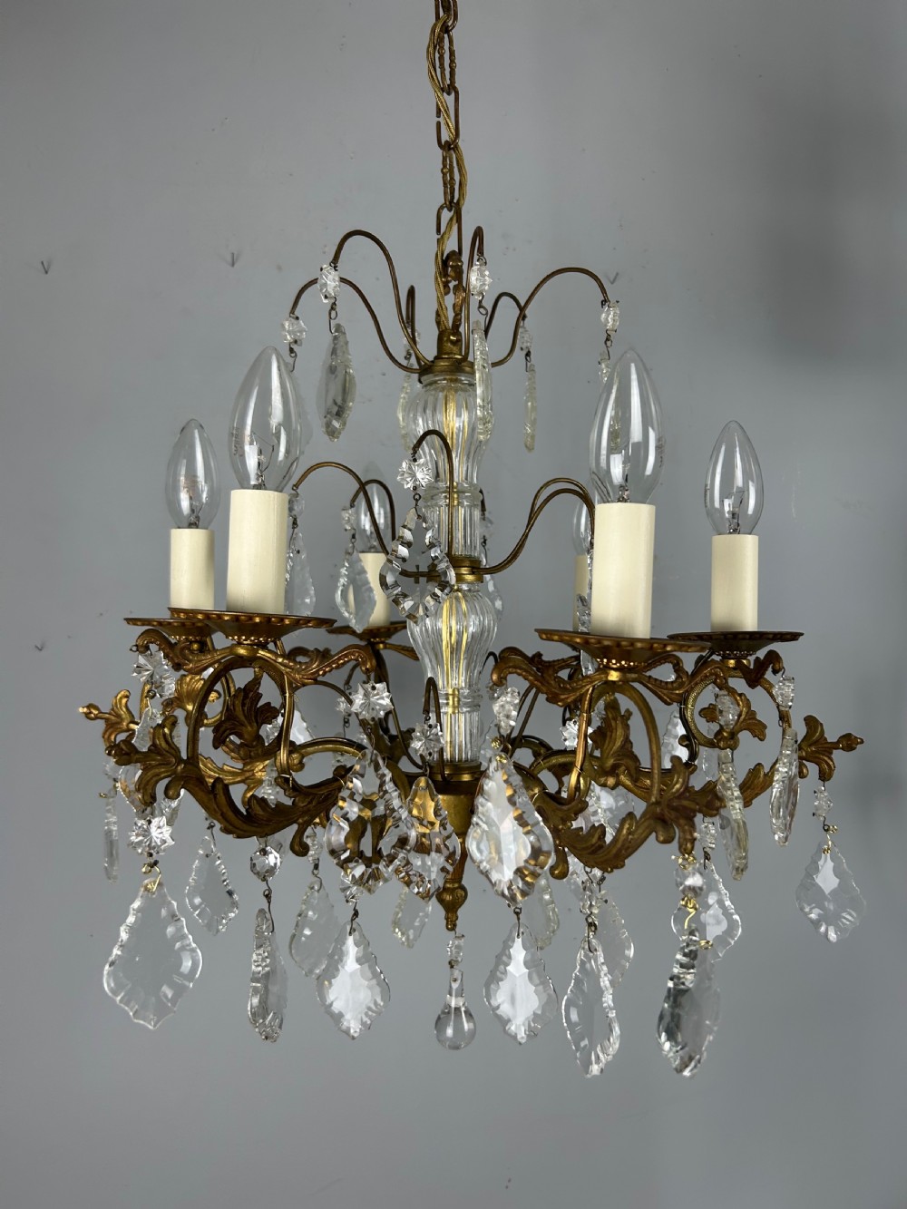 French Gilded Brass 6 Light Antique Crystal Chandelier View X