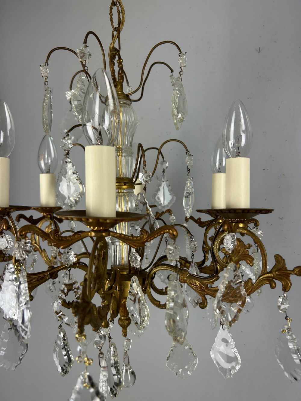 French Gilded Brass 6 Light Antique Crystal Chandelier View XI