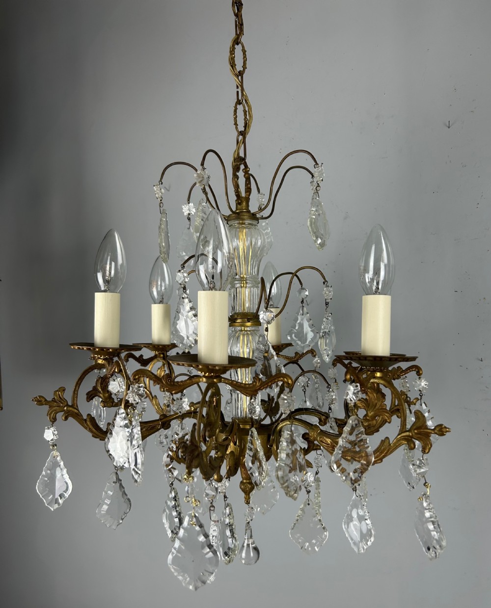 French Gilded Brass 6 Light Antique Crystal Chandelier View XII