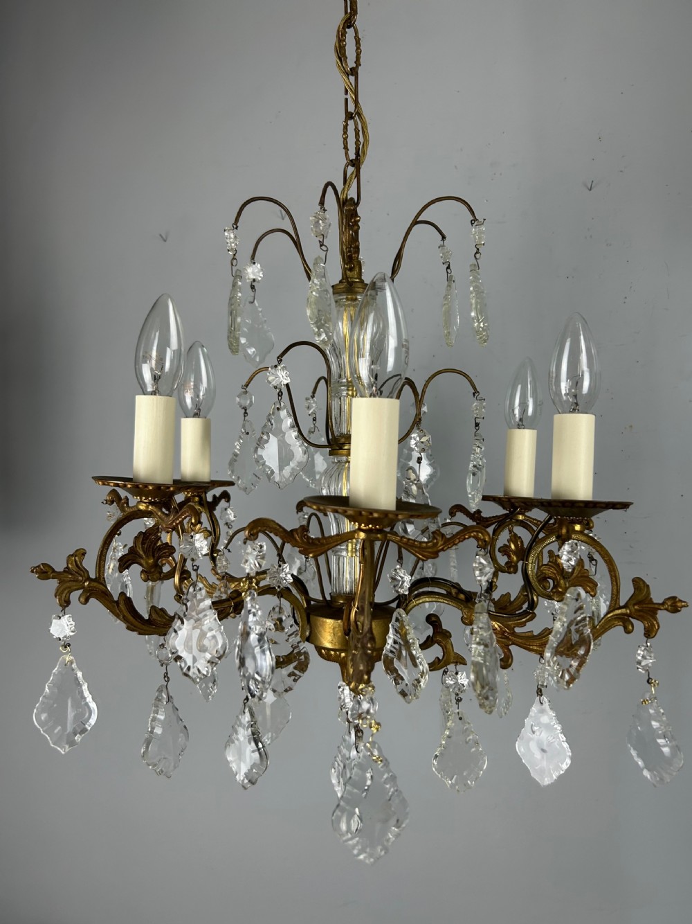 French Gilded Brass 6 Light Antique Crystal Chandelier View XIII