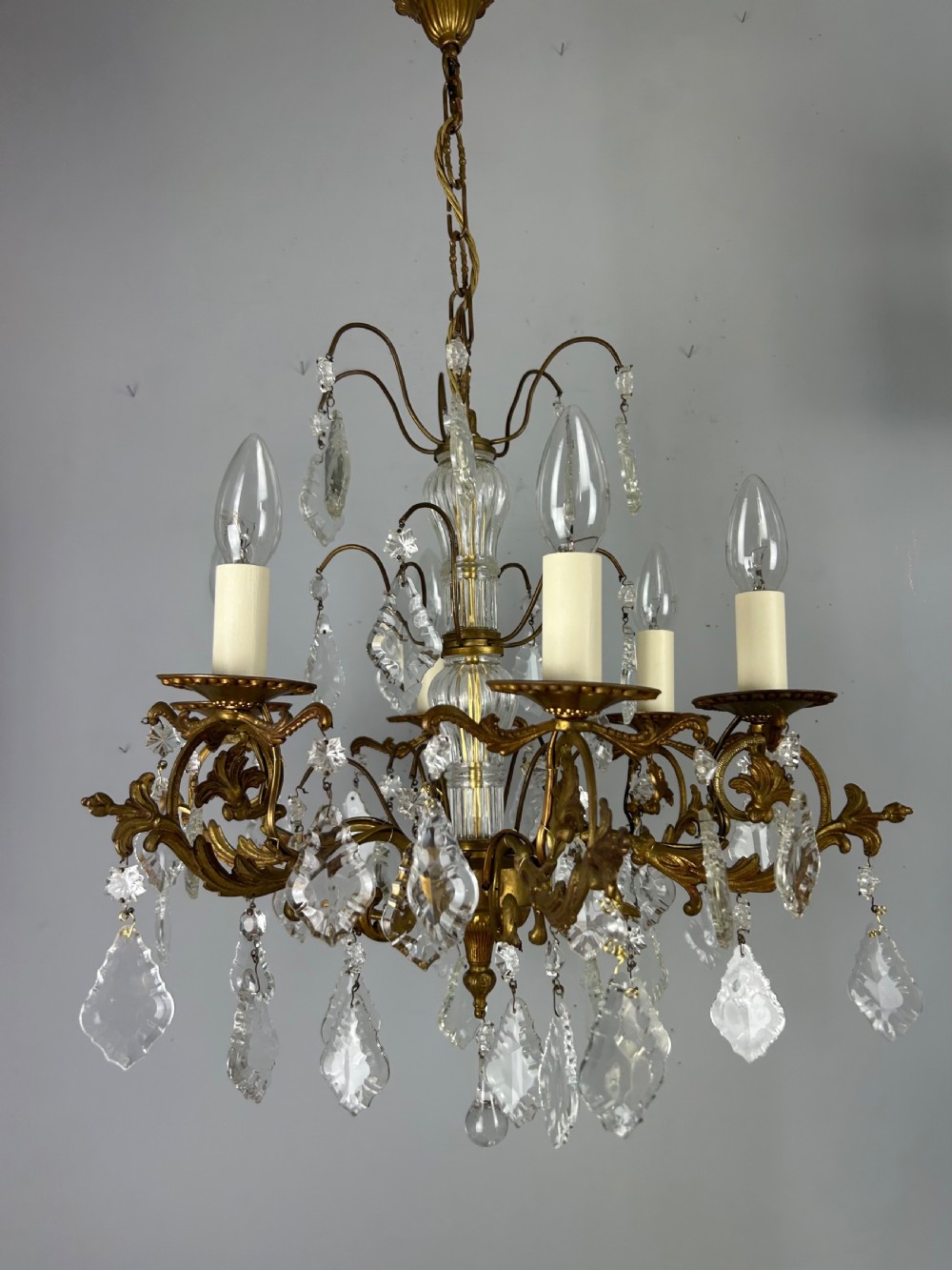 French Gilded Brass 6 Light Antique Crystal Chandelier View XIV