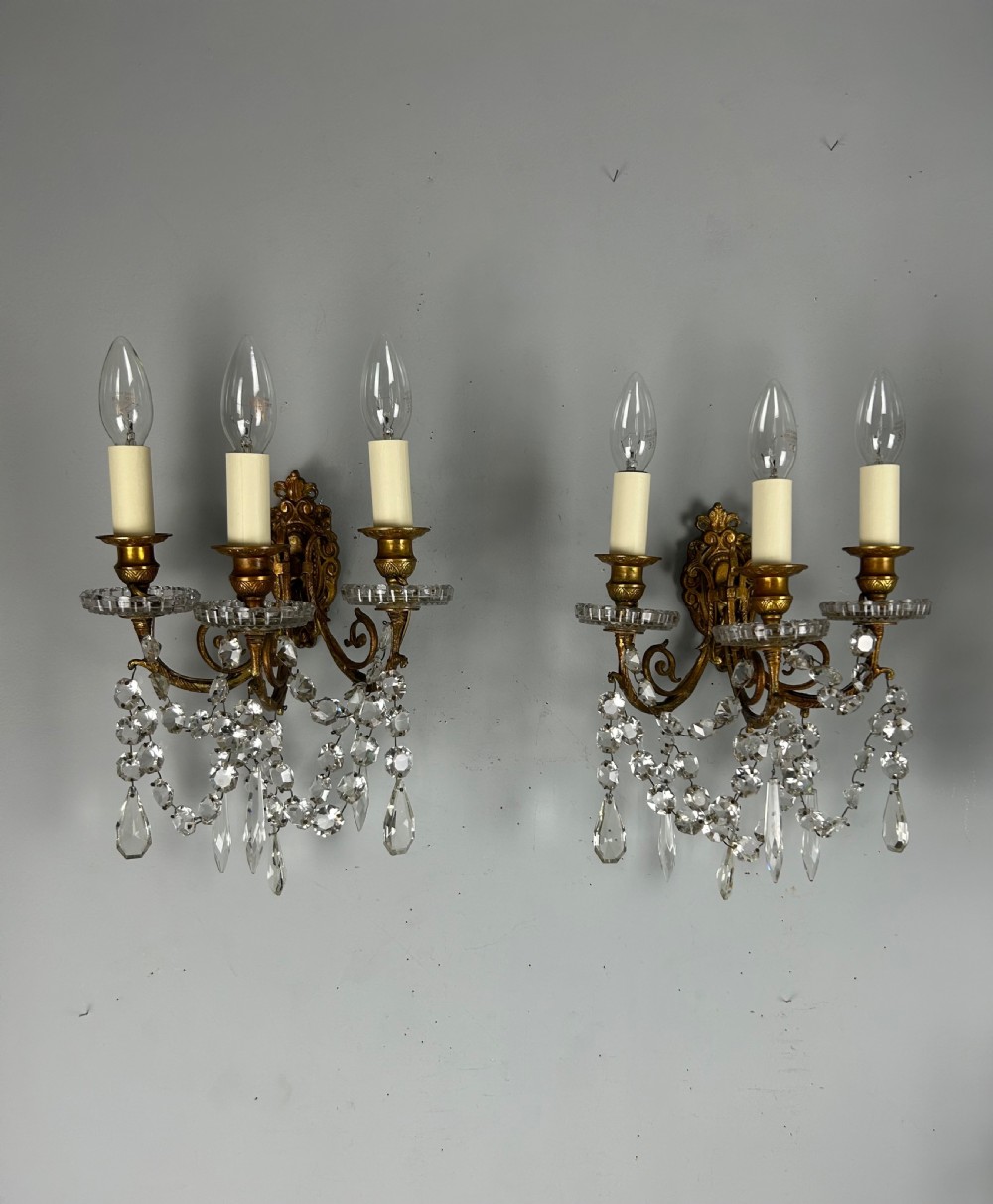 Pair French Triple Arm Gilt Bronze Crystal Wall Lights, Rewired  View II