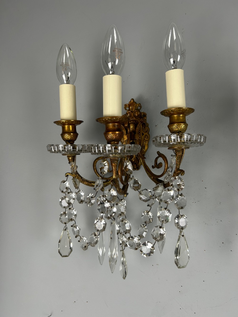 Pair French Triple Arm Gilt Bronze Crystal Wall Lights, Rewired  View III