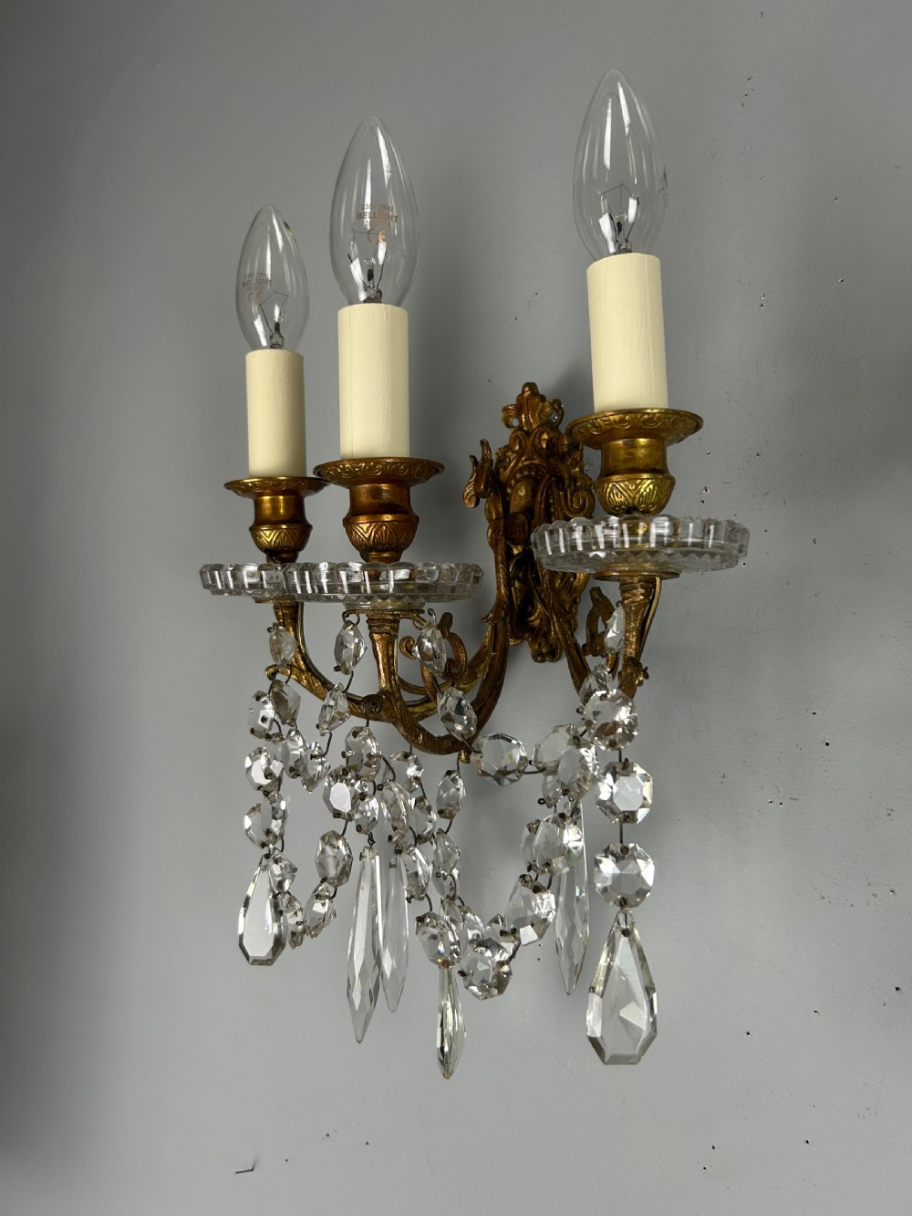 Pair French Triple Arm Gilt Bronze Crystal Wall Lights, Rewired  View IV