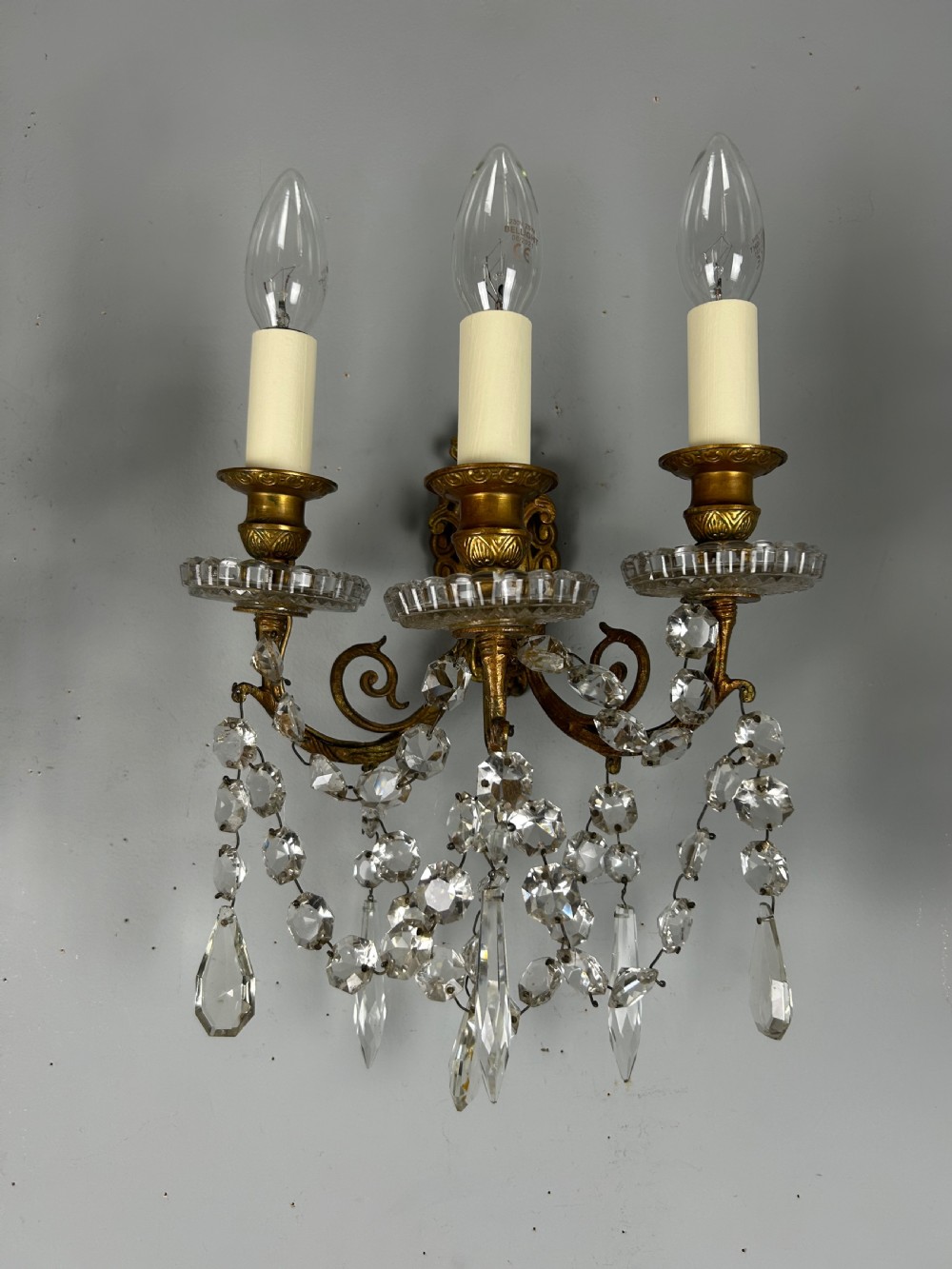 Pair French Triple Arm Gilt Bronze Crystal Wall Lights, Rewired  View V