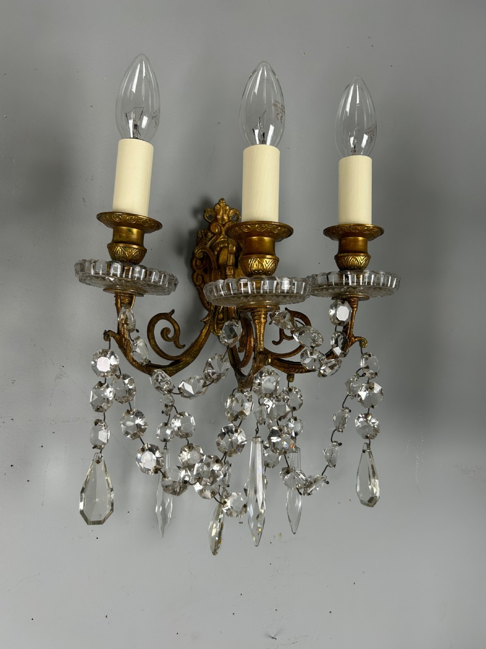 Pair French Triple Arm Gilt Bronze Crystal Wall Lights, Rewired  View VI
