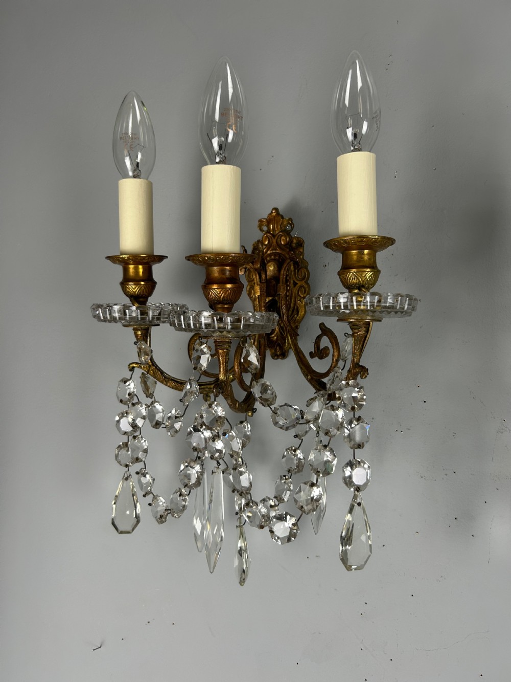 Pair French Triple Arm Gilt Bronze Crystal Wall Lights, Rewired  View VII