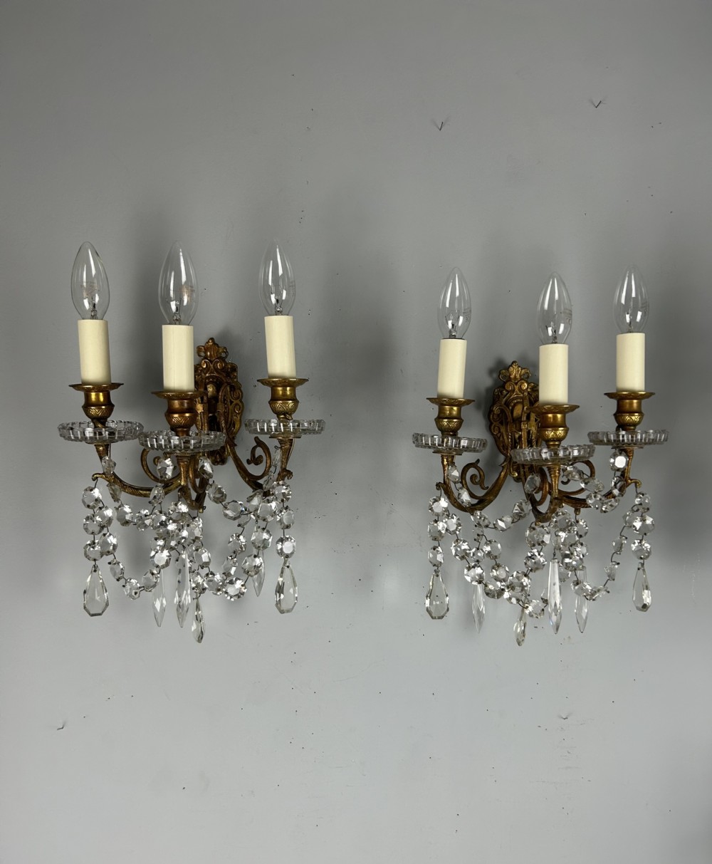 Pair French Triple Arm Gilt Bronze Crystal Wall Lights, Rewired 