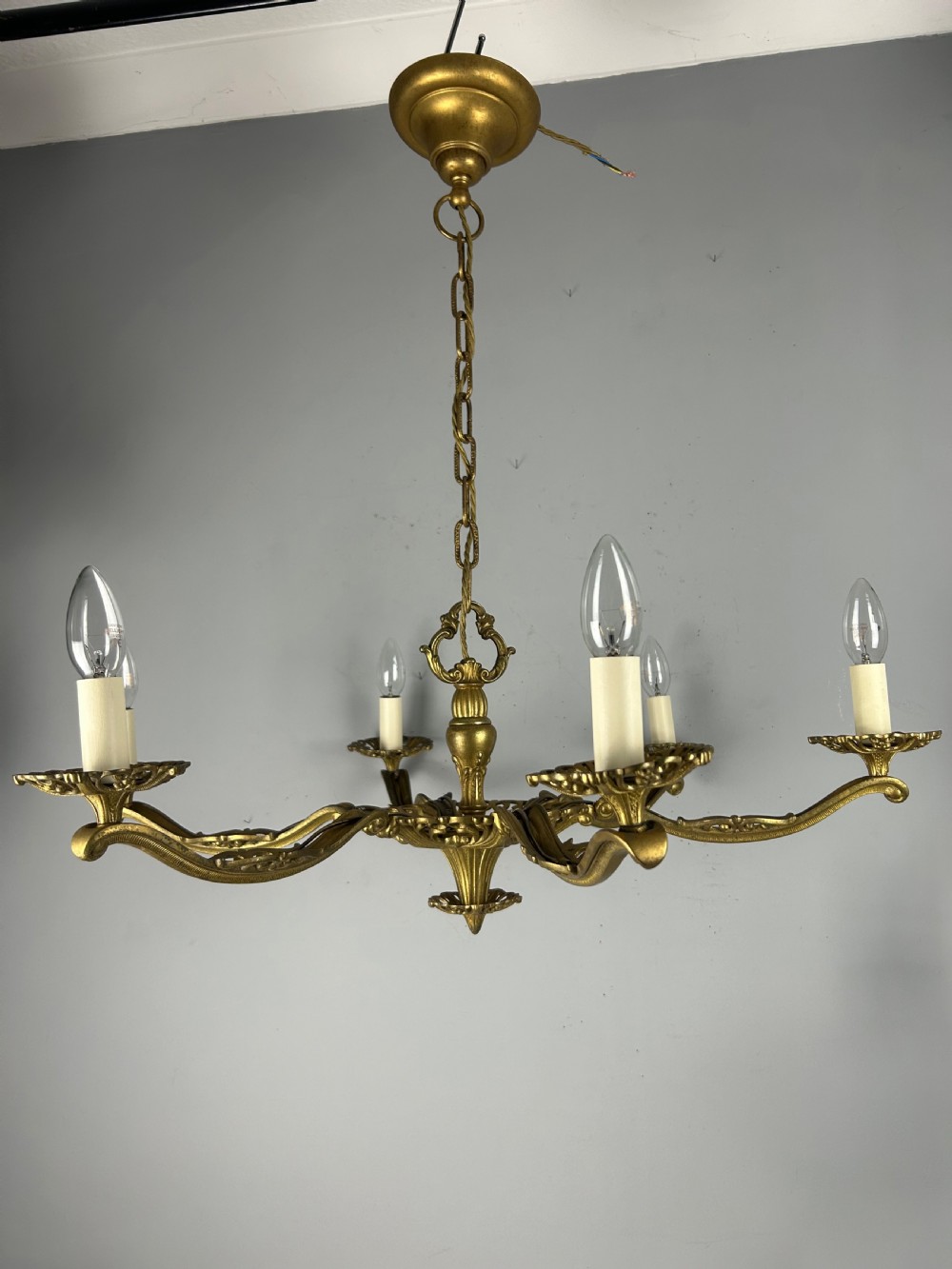 Large 6 Arm French Gilt Brass Chandelier, Rewired 