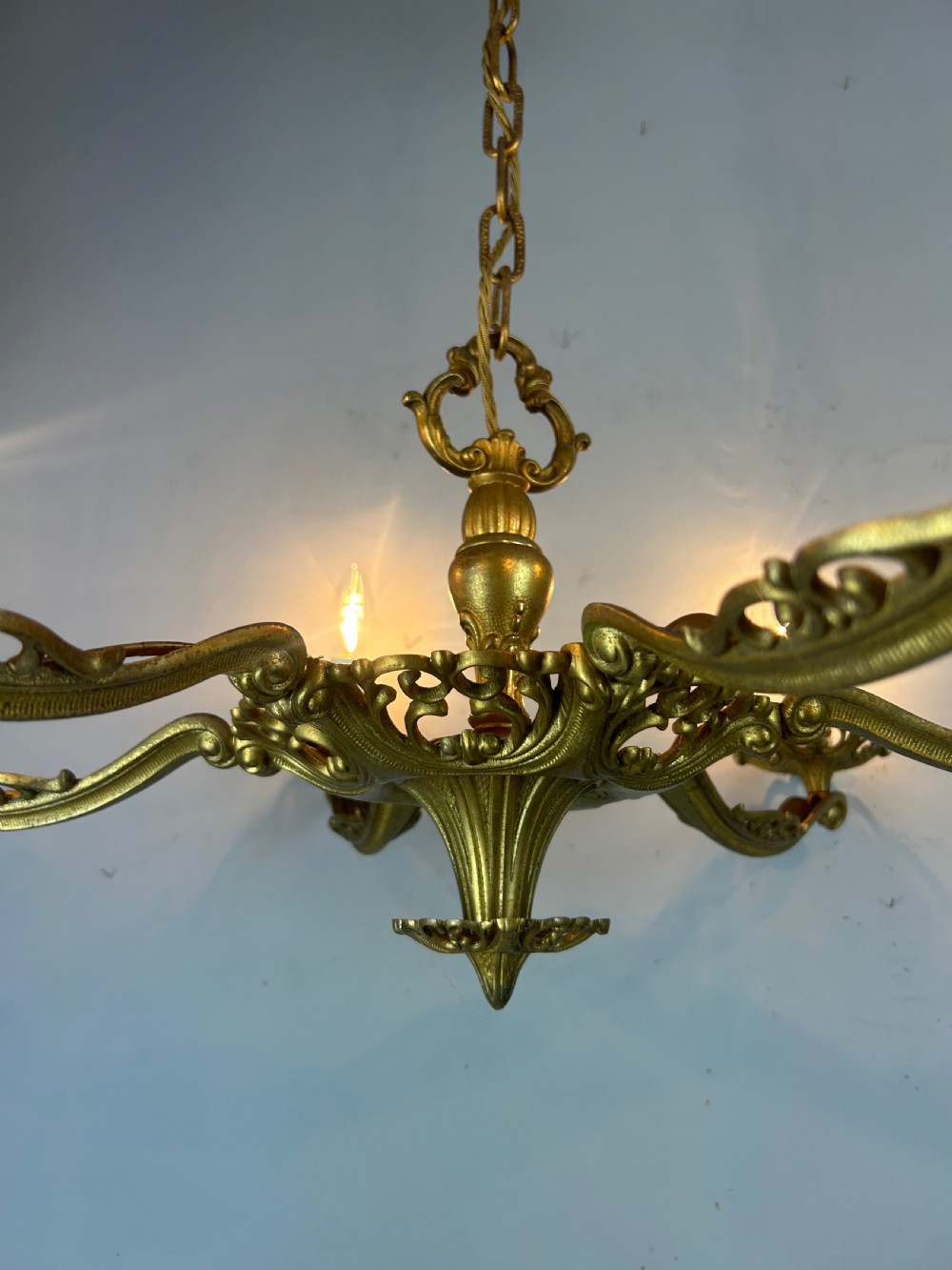 Large 6 Arm French Gilt Brass Chandelier, Rewired  View II