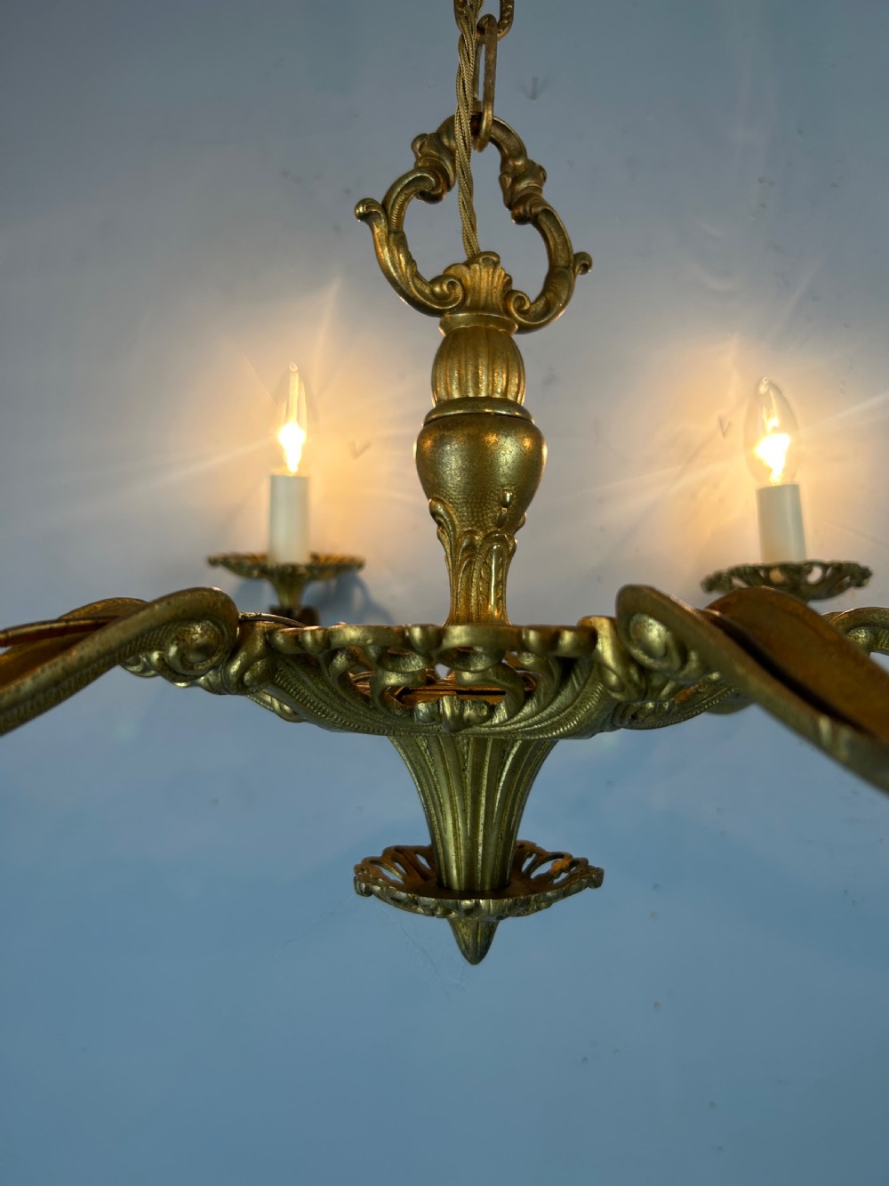 Large 6 Arm French Gilt Brass Chandelier, Rewired  View III