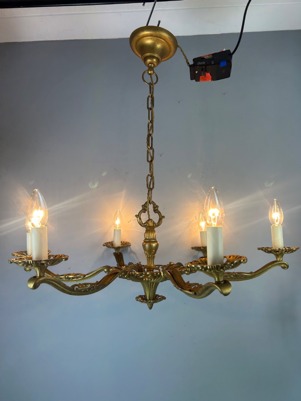 Large 6 Arm French Gilt Brass Chandelier, Rewired  View IV