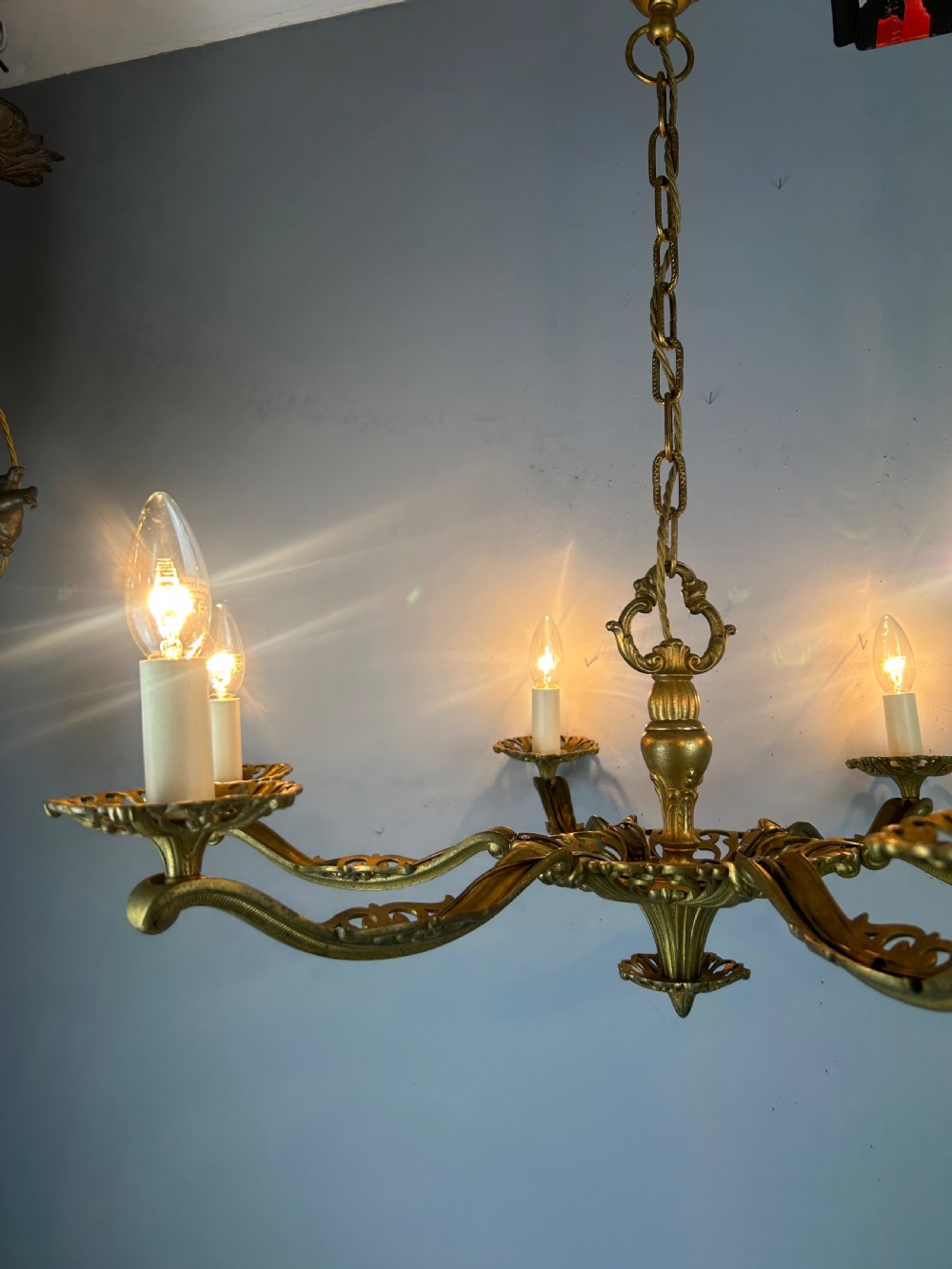 Large 6 Arm French Gilt Brass Chandelier, Rewired  View V