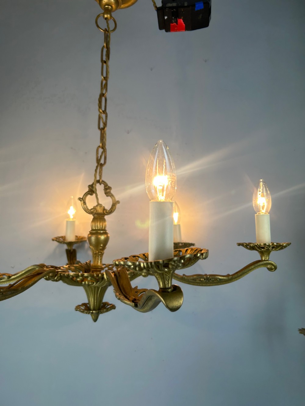 Large 6 Arm French Gilt Brass Chandelier, Rewired  View VI