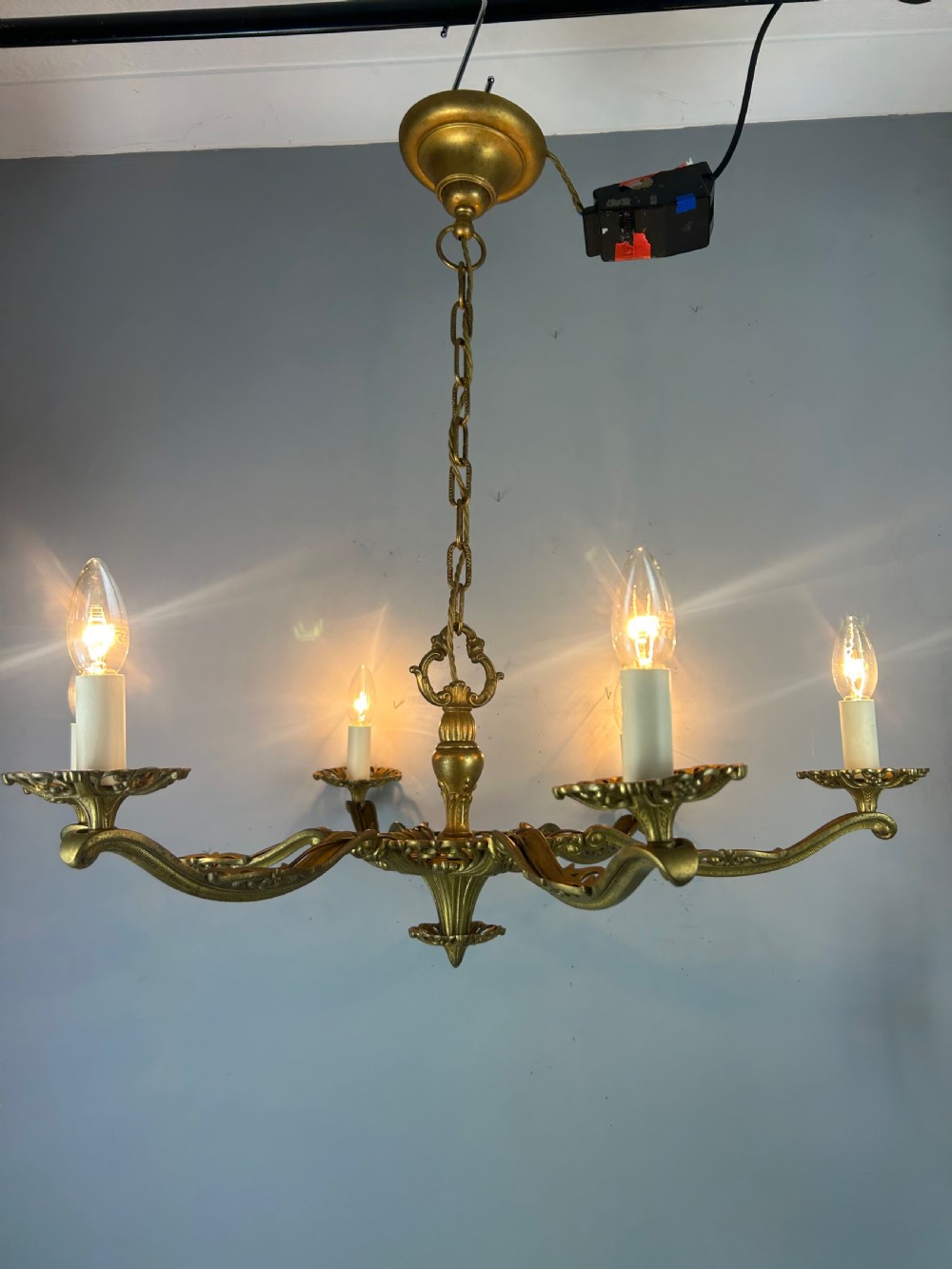 Large 6 Arm French Gilt Brass Chandelier, Rewired  View VII