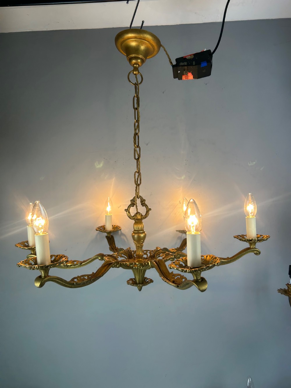 Large 6 Arm French Gilt Brass Chandelier, Rewired  View VIII