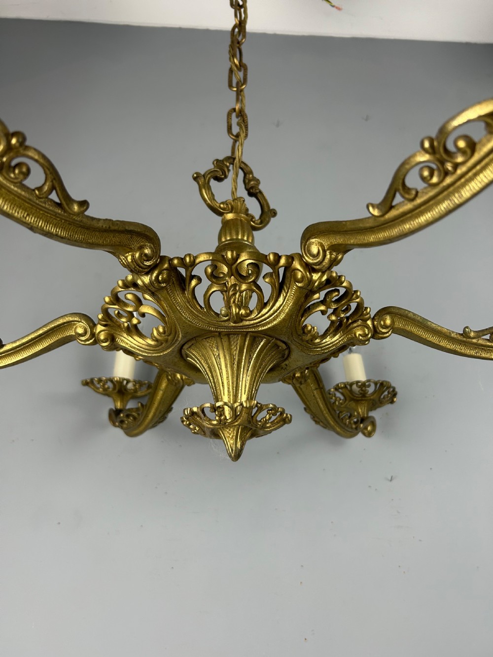 Large 6 Arm French Gilt Brass Chandelier, Rewired  View IX