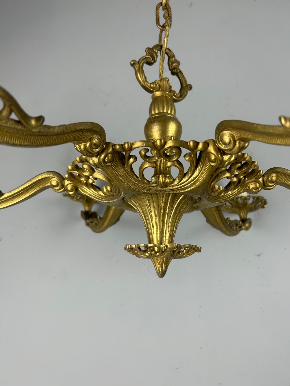 Large 6 Arm French Gilt Brass Chandelier, Rewired  View X