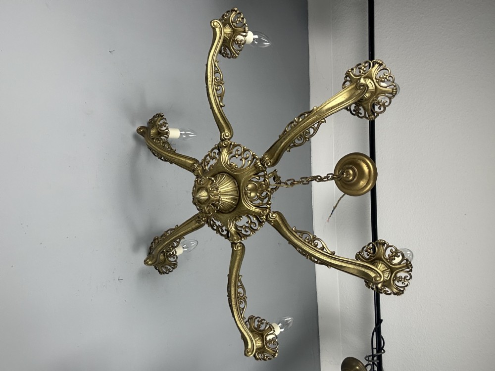 Large 6 Arm French Gilt Brass Chandelier, Rewired  View XI