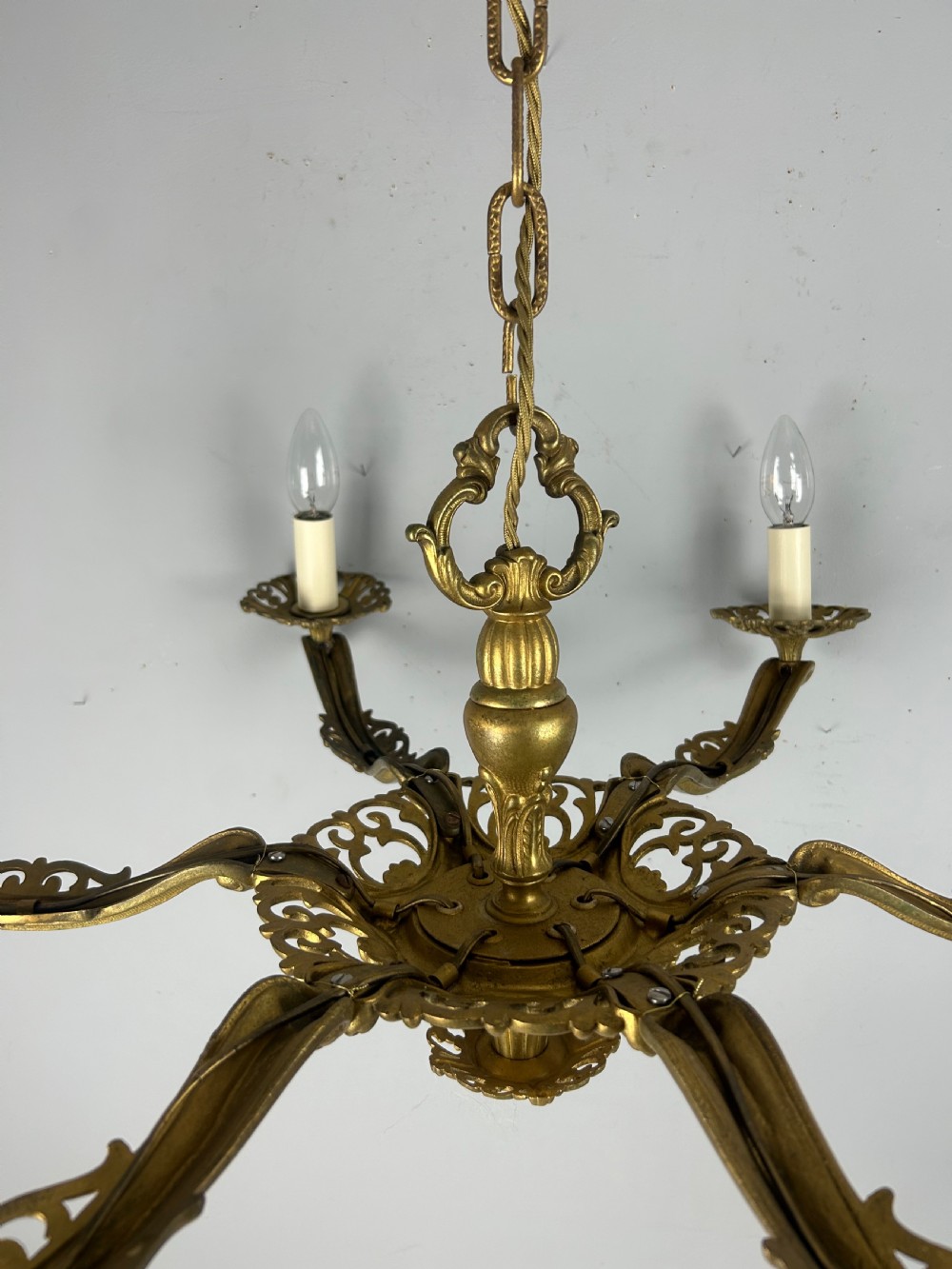 Large 6 Arm French Gilt Brass Chandelier, Rewired  View XII