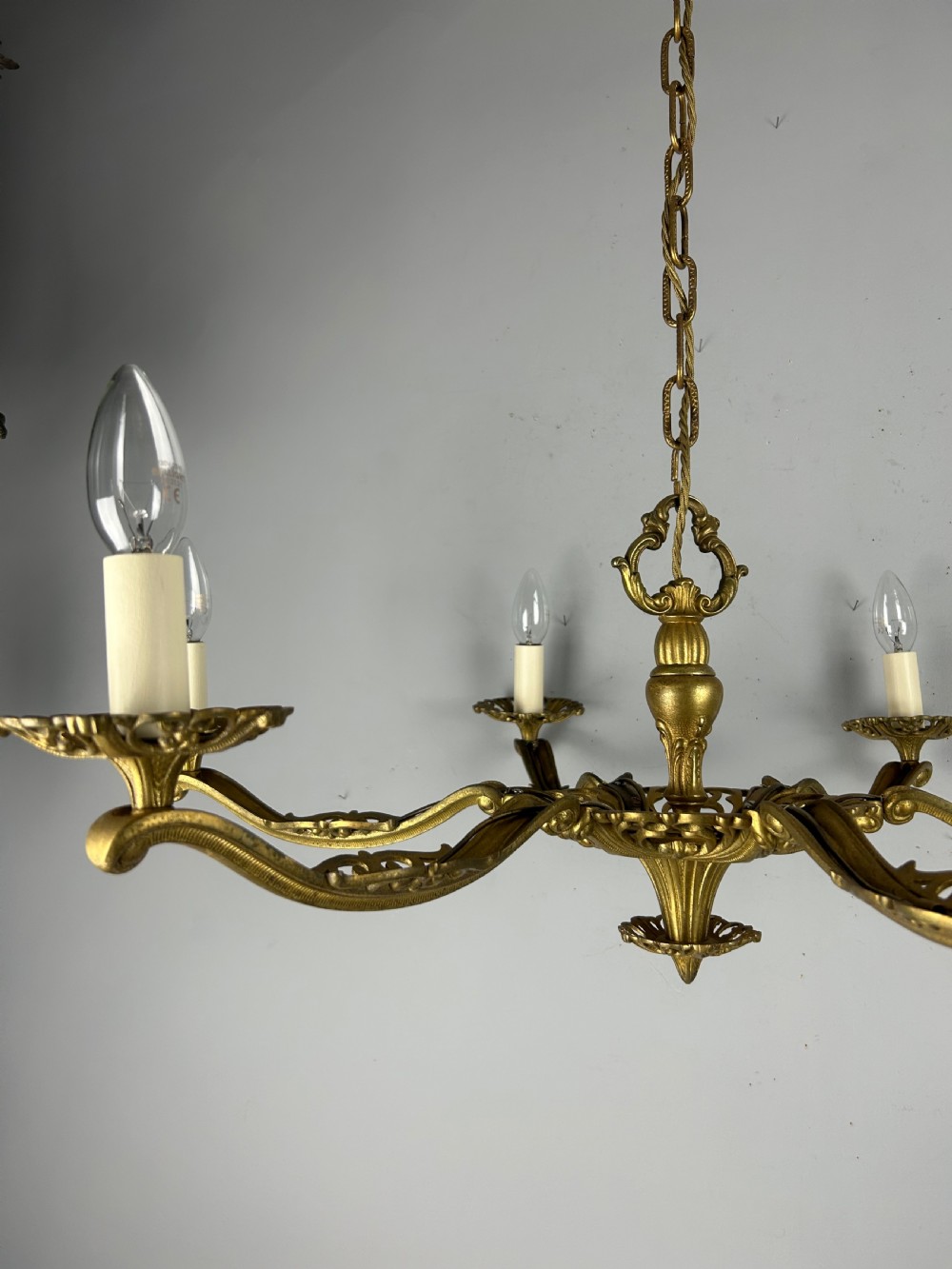Large 6 Arm French Gilt Brass Chandelier, Rewired  View XIV