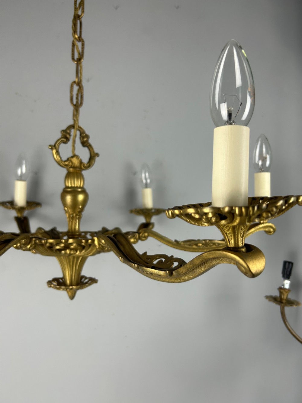 Large 6 Arm French Gilt Brass Chandelier, Rewired  View XV