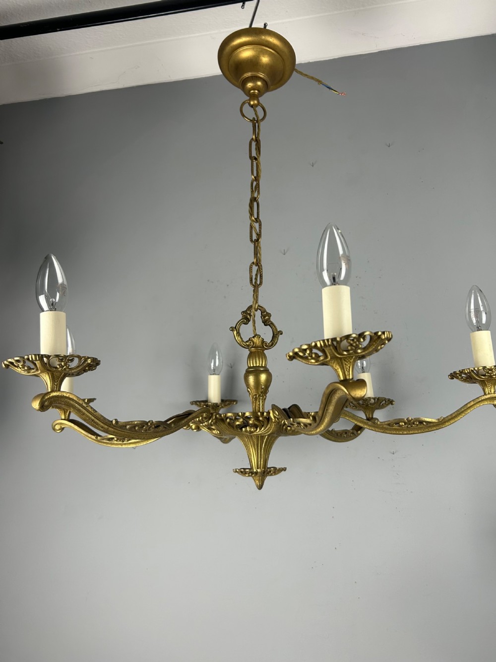 Large 6 Arm French Gilt Brass Chandelier, Rewired  View XVII