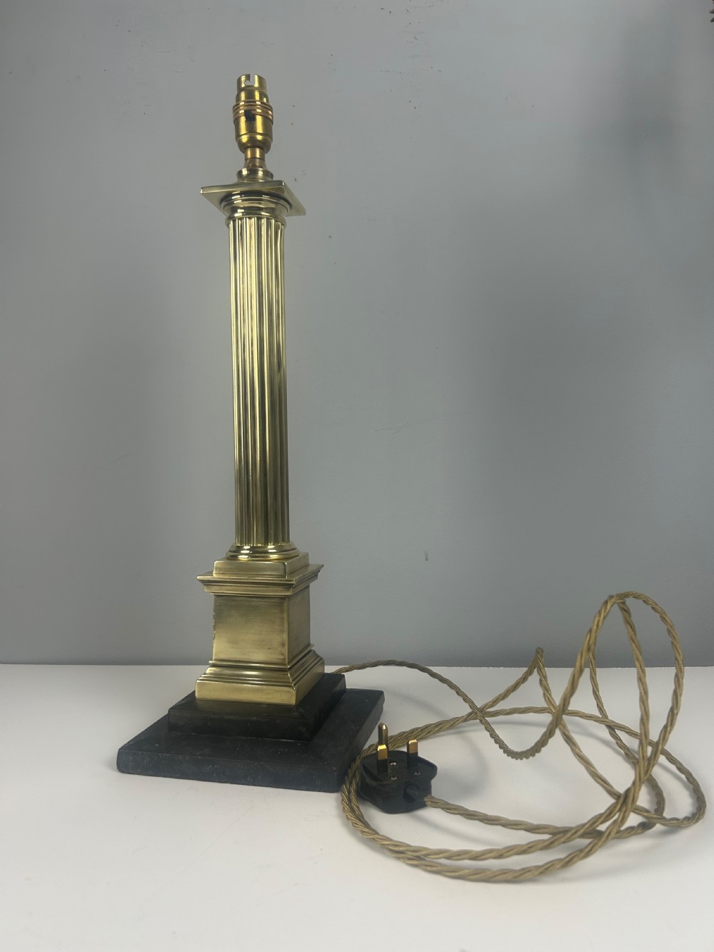 Victorian Tall Brass Column Table Lamp with Slate Base, Rewired  View II