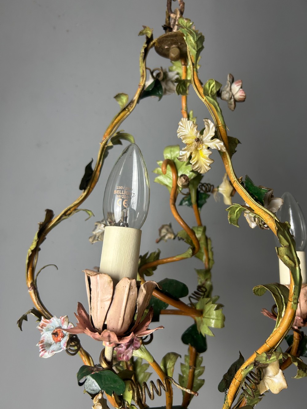 French Toleware Floral 3 Light Antique Chandelier, Ceiling Light  View II