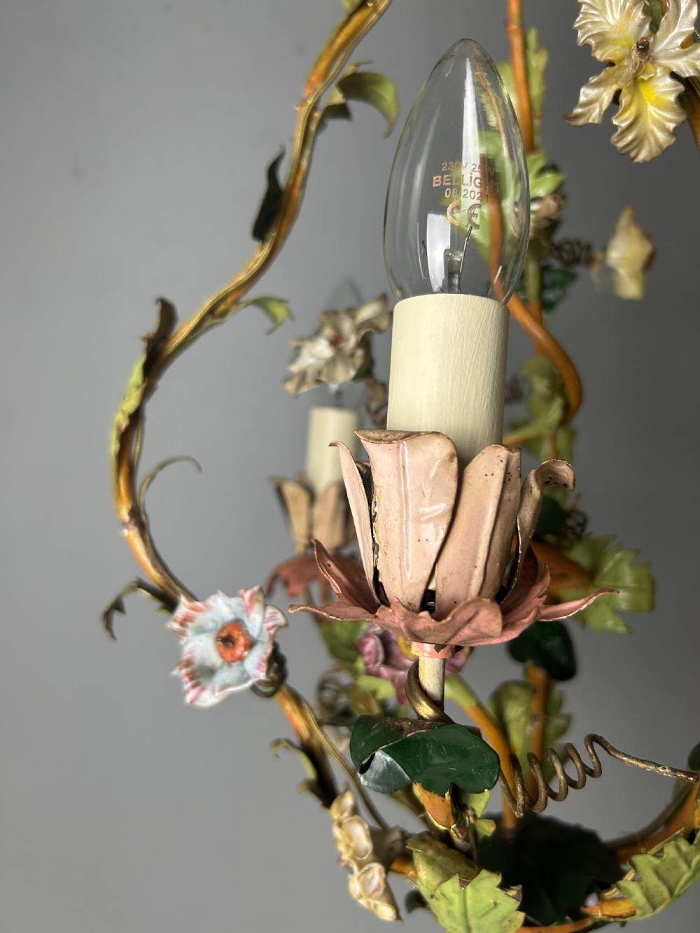 French Toleware Floral 3 Light Antique Chandelier, Ceiling Light  View III