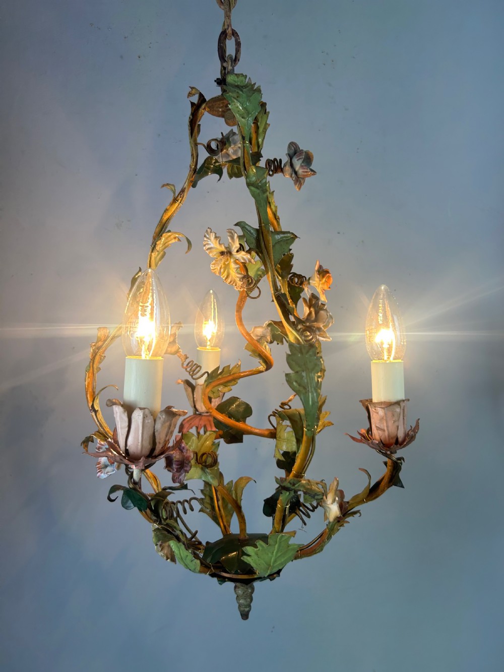 French Toleware Floral 3 Light Antique Chandelier, Ceiling Light  View IV