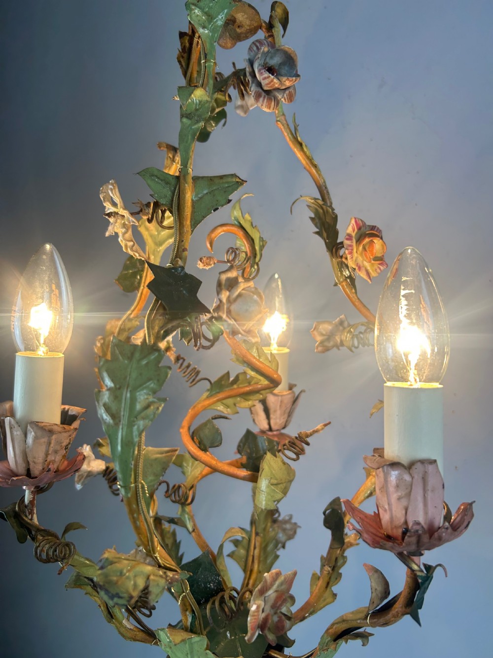 French Toleware Floral 3 Light Antique Chandelier, Ceiling Light  View V