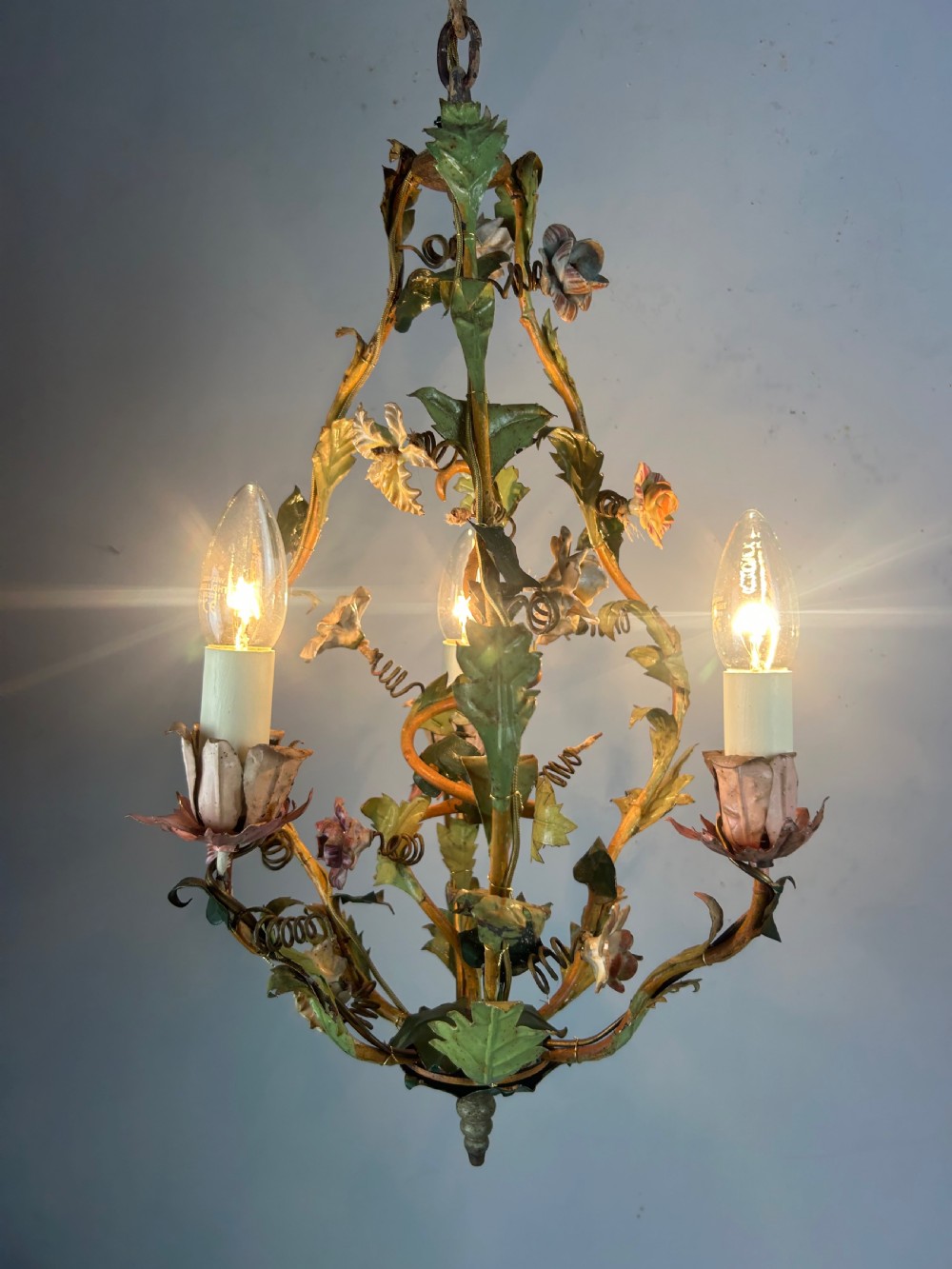 French Toleware Floral 3 Light Antique Chandelier, Ceiling Light  View VI