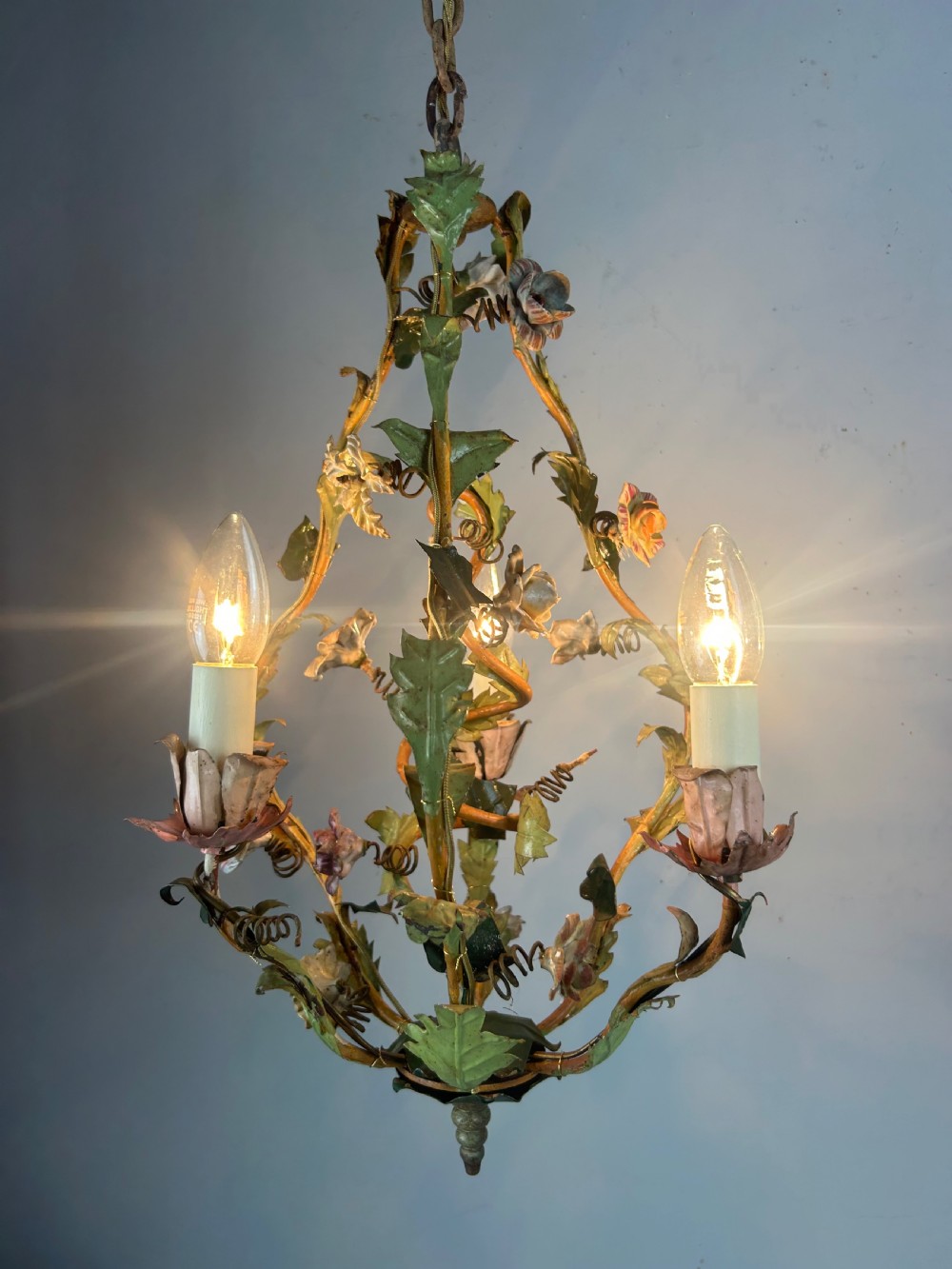 French Toleware Floral 3 Light Antique Chandelier, Ceiling Light  View VII