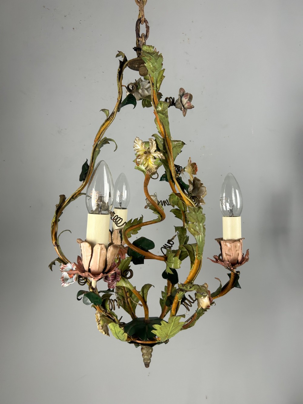 French Toleware Floral 3 Light Antique Chandelier, Ceiling Light  View VIII