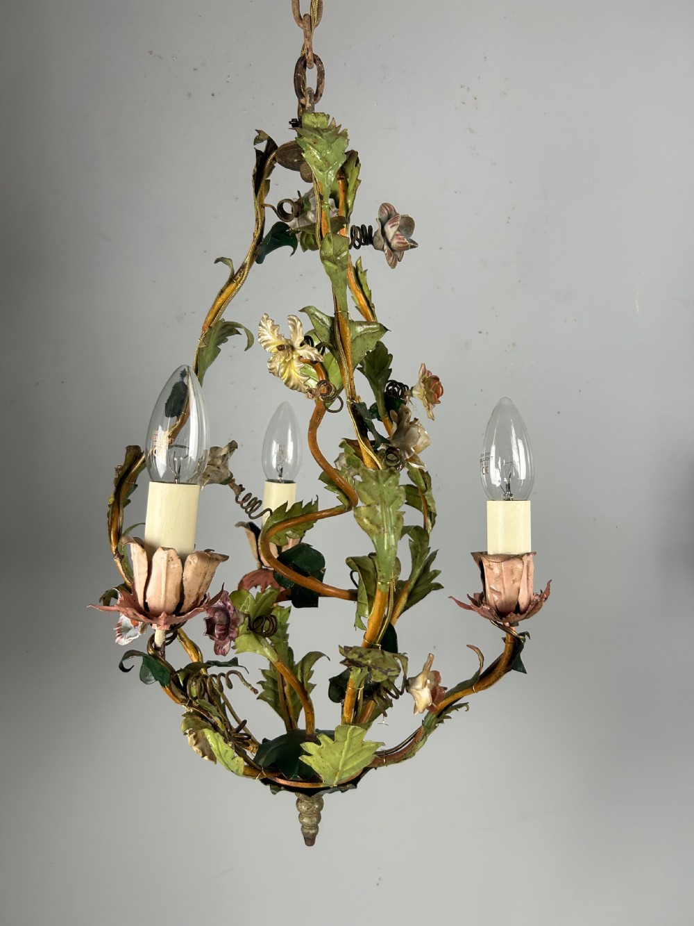 French Toleware Floral 3 Light Antique Chandelier, Ceiling Light  View IX