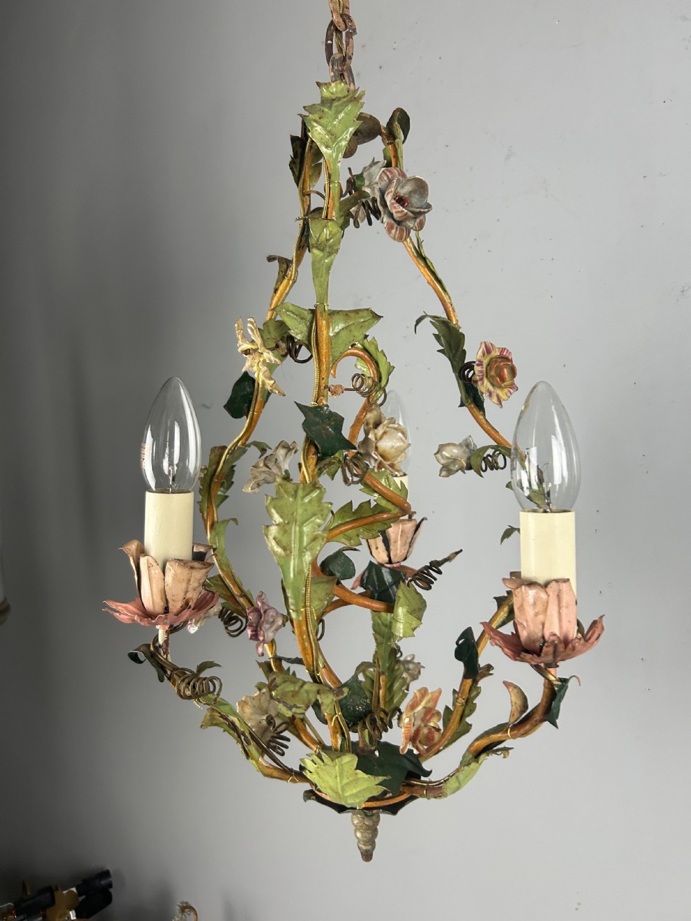French Toleware Floral 3 Light Antique Chandelier, Ceiling Light  View XII