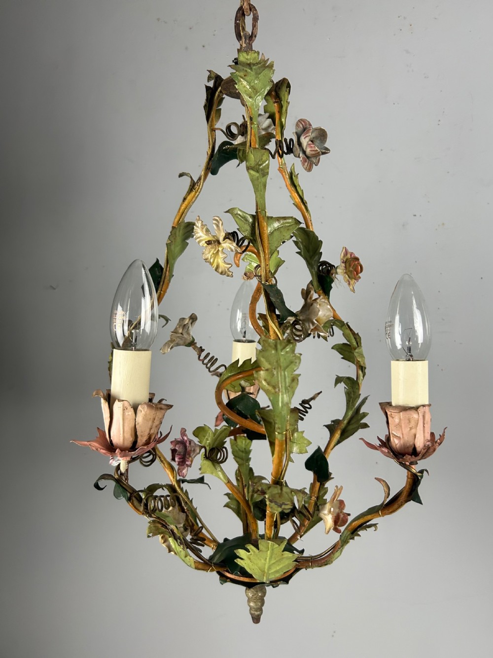 French Toleware Floral 3 Light Antique Chandelier, Ceiling Light  View XIII