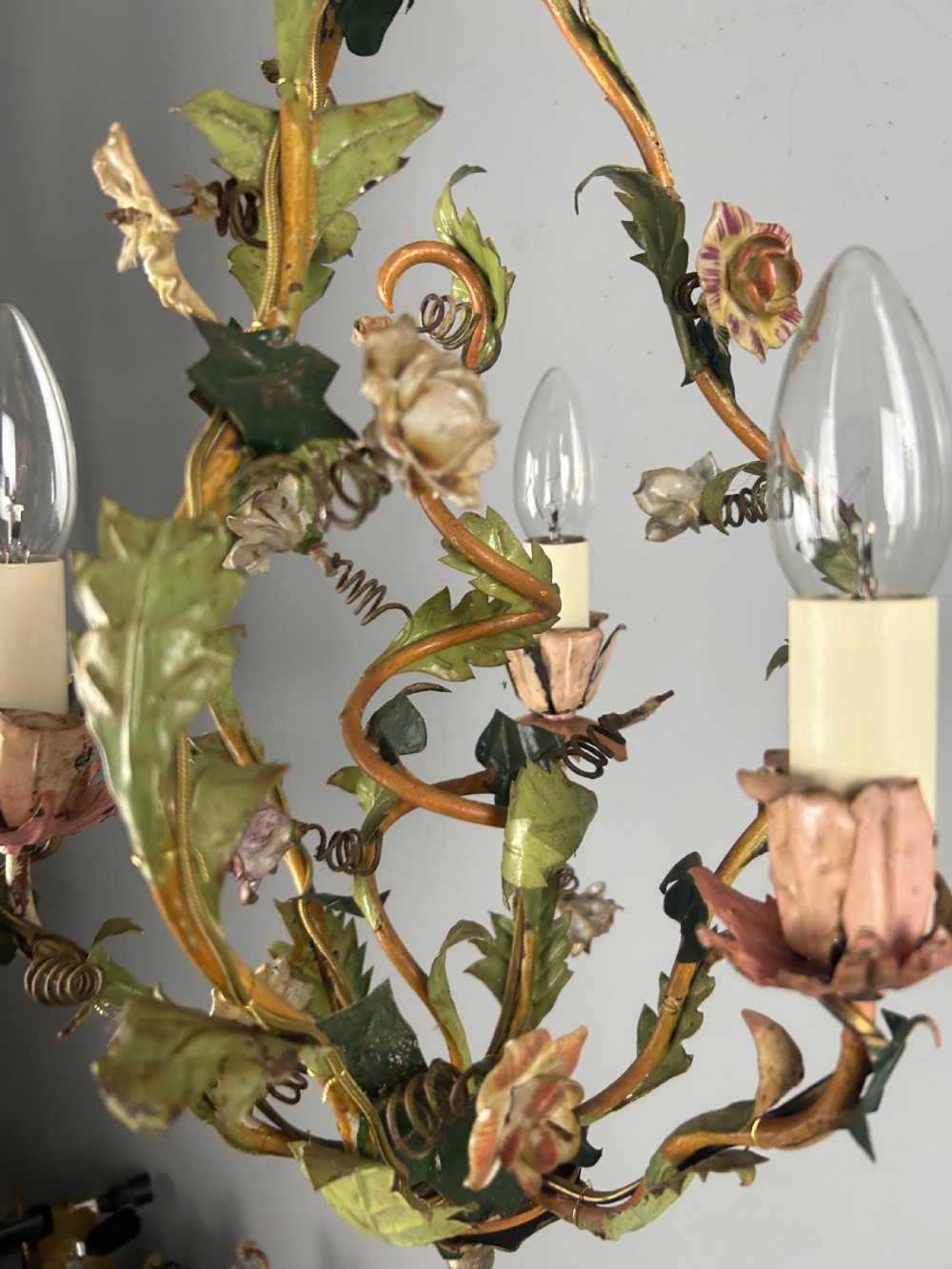 French Toleware Floral 3 Light Antique Chandelier, Ceiling Light  View XVI