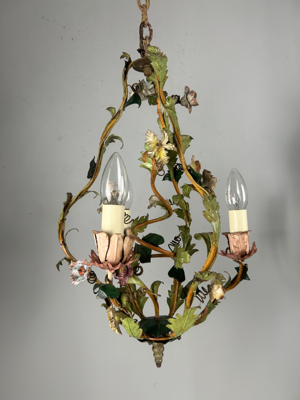 French Toleware Floral 3 Light Antique Chandelier, Ceiling Light  View XIX