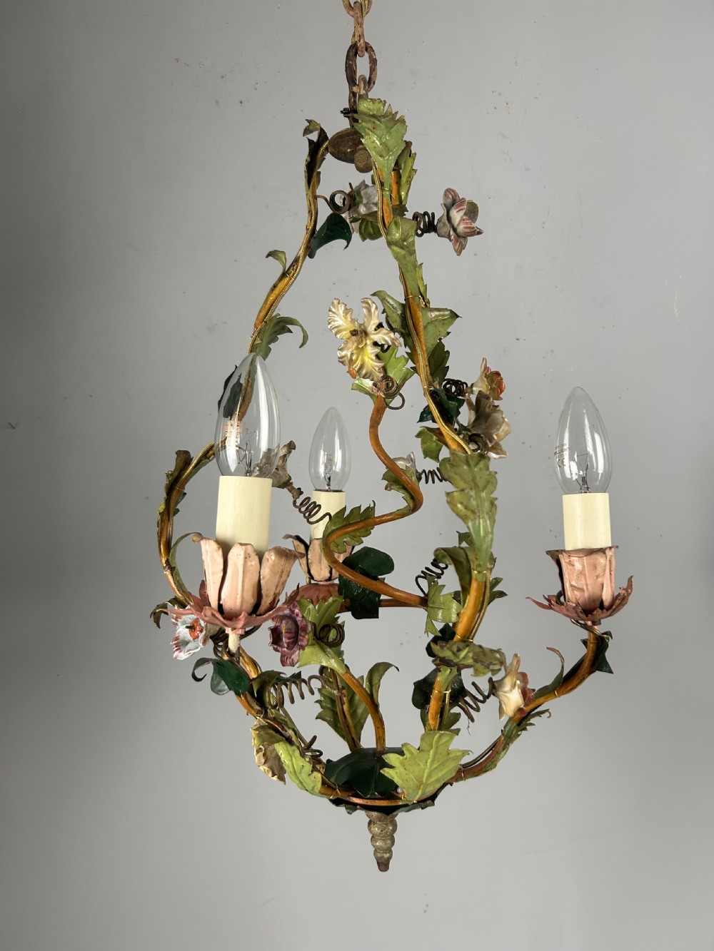French Toleware Floral 3 Light Antique Chandelier, Ceiling Light  View XX