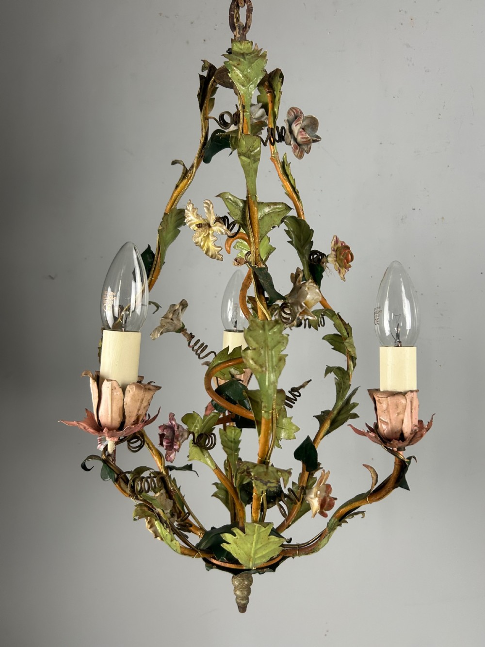 French Toleware Floral 3 Light Antique Chandelier, Ceiling Light  View XXI