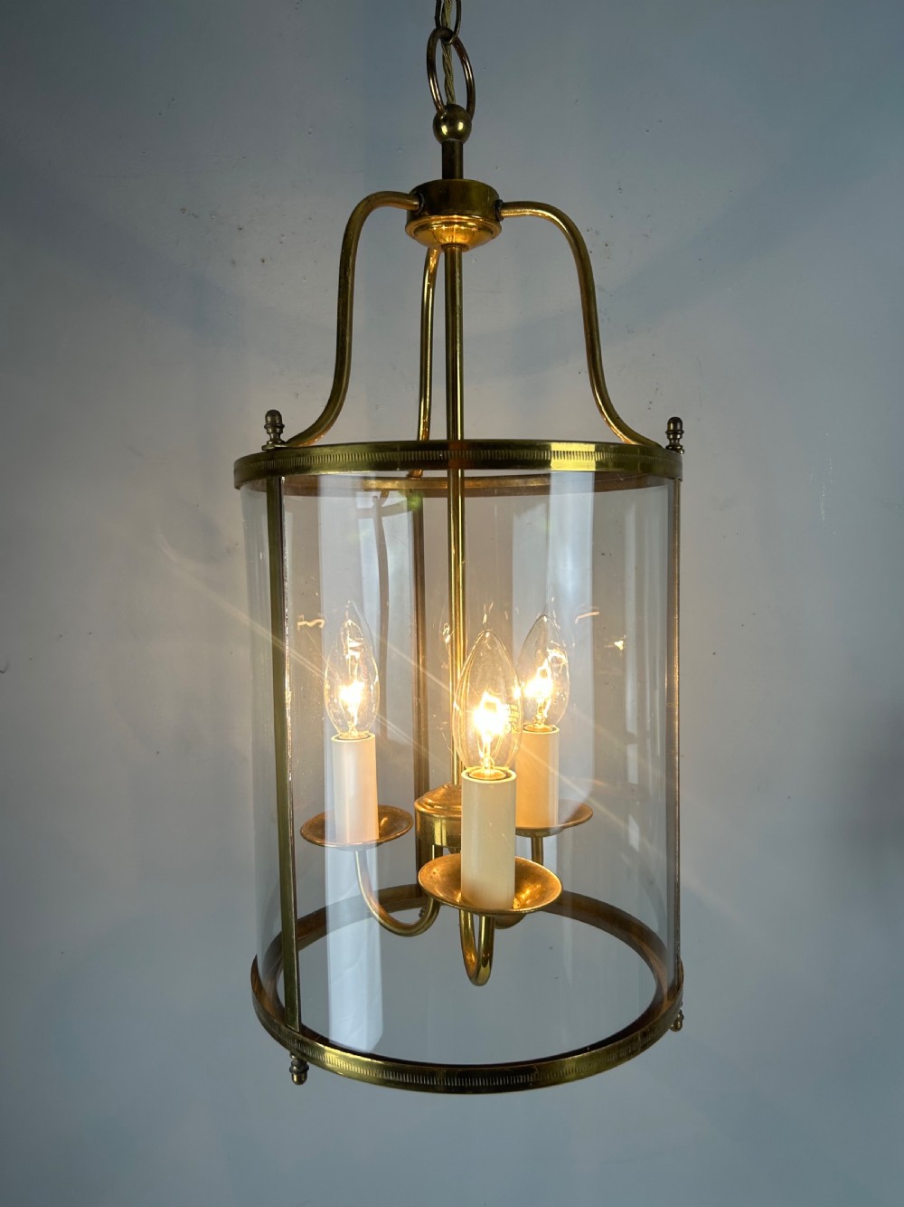 Large French Triple Light Brass Lantern, Rewired  View II