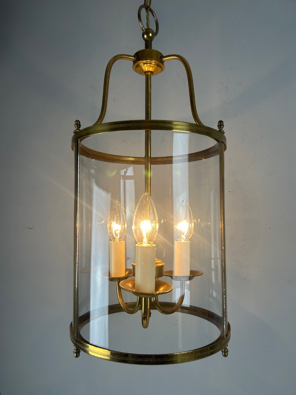 Large French Triple Light Brass Lantern, Rewired  View III