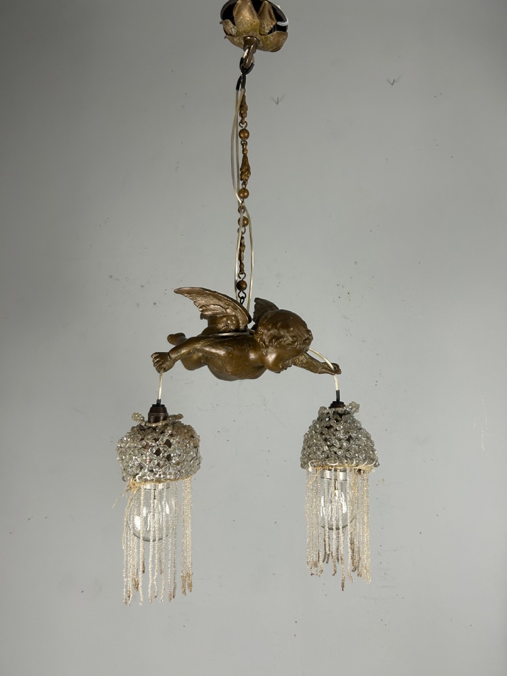 French Bronze Putti Cherub Ceiling Light, Original Shades, Rewired